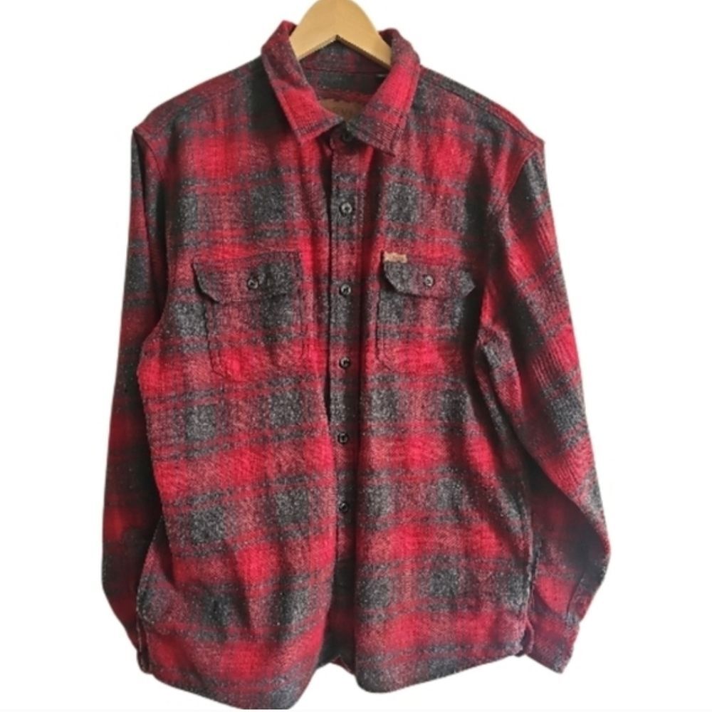 Orvis Men's L Heavyweight Red Plaid Flannel Shirt Jacket Wool Blend Outdoor